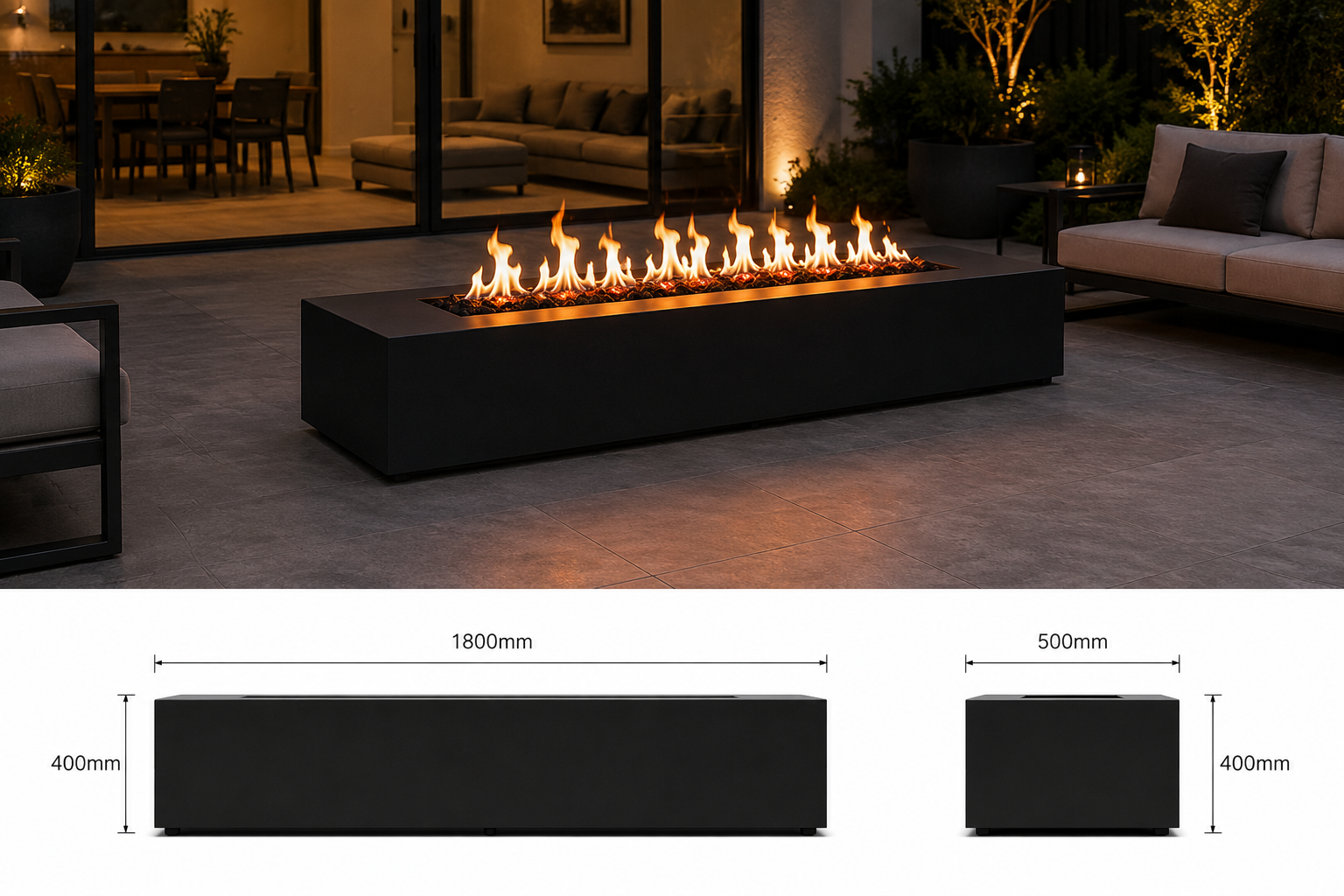 Flare Rectangular Fire Pit outdoor steel fire pit South Africa installation view