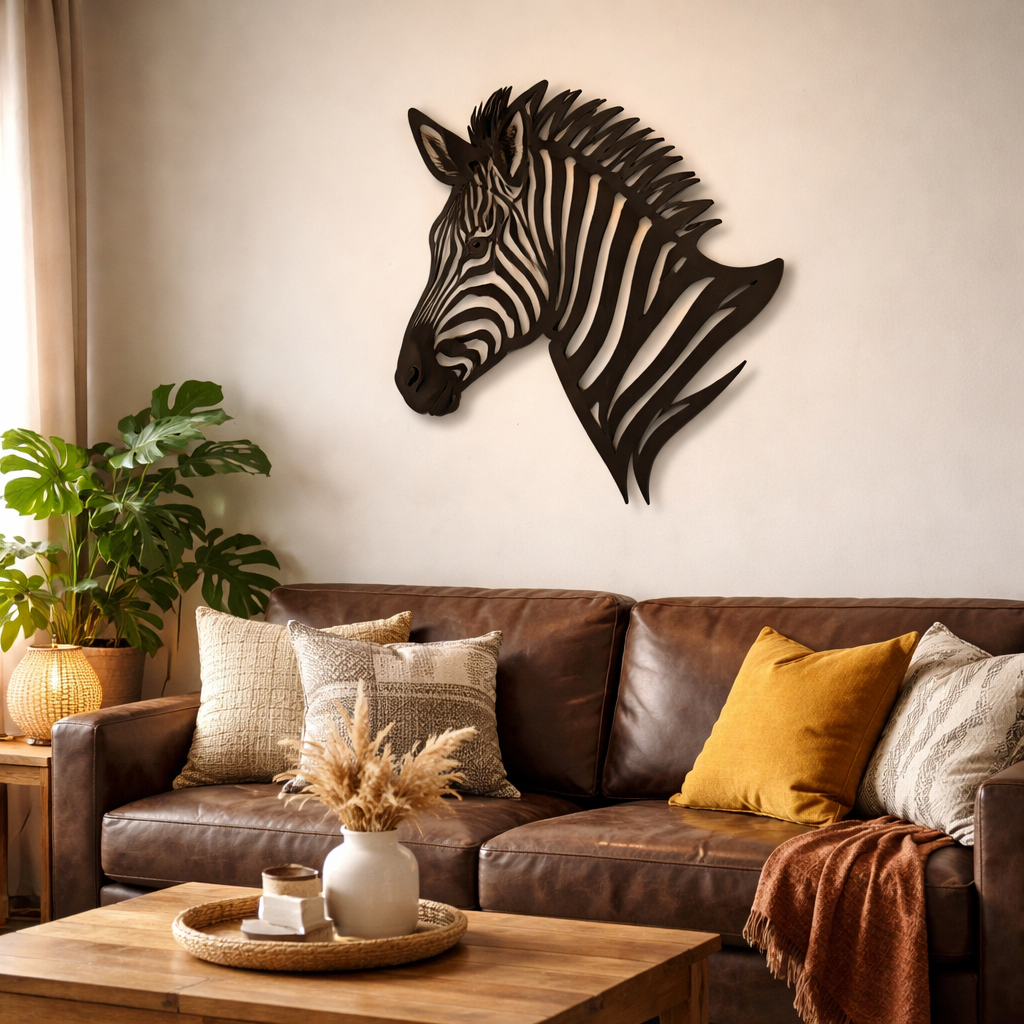 Zebra wall art above a brown sofa in a living room setting