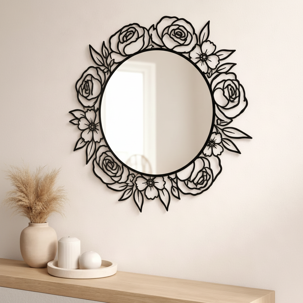 Angled view of roses mirror frame