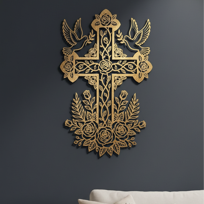 Floral Cross in Golden Bronze on Dark Wall