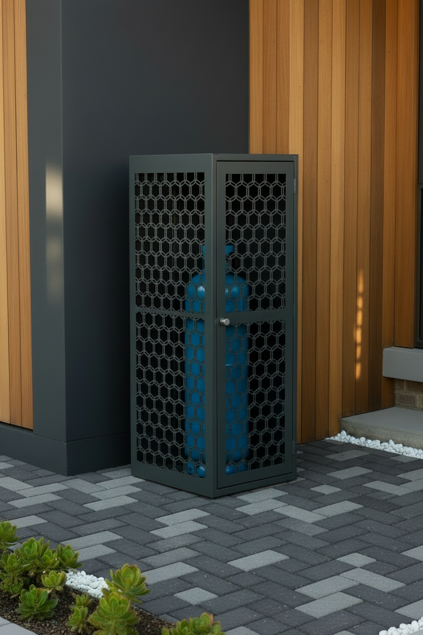 Gas bottle cage on brick flooring