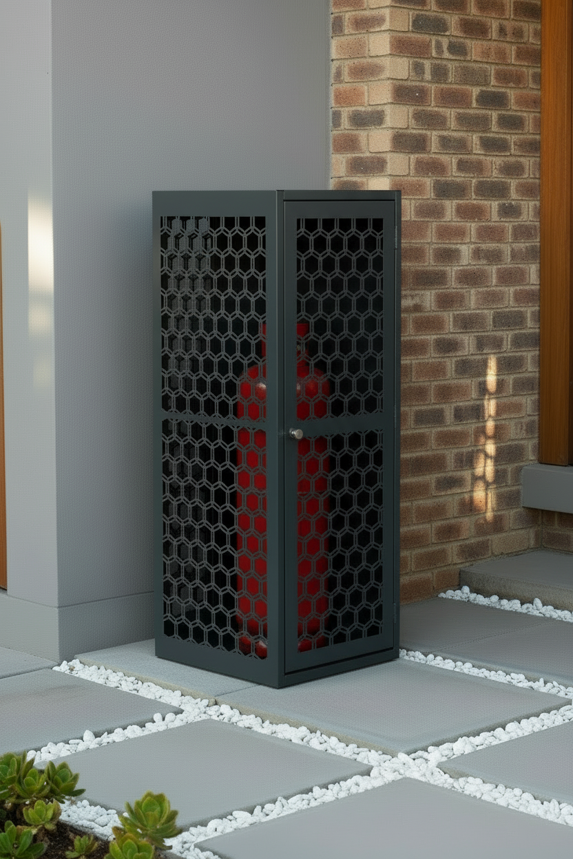 Gas bottle cage with closed door showing patterns on all sides