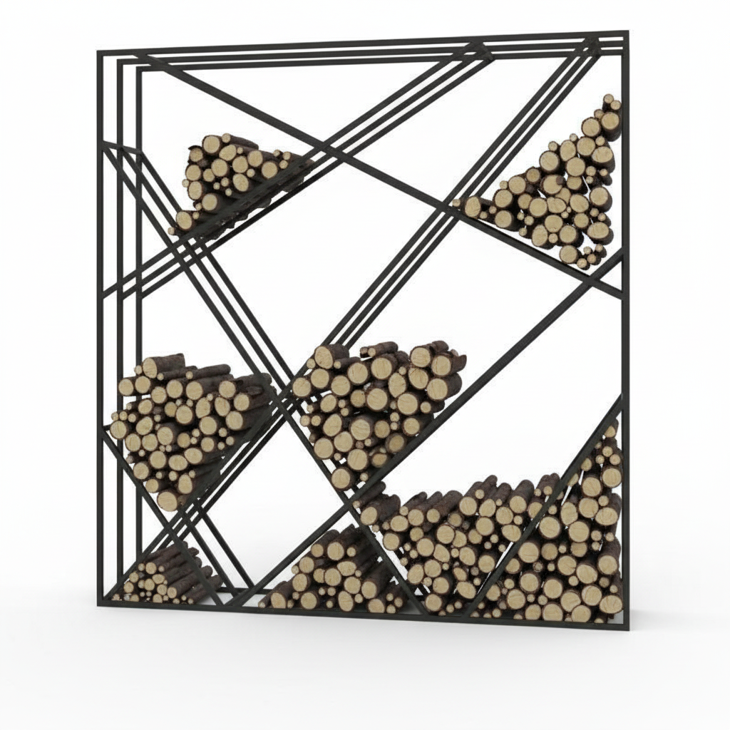 Grid large geometric firewood holder with charcoal black finish