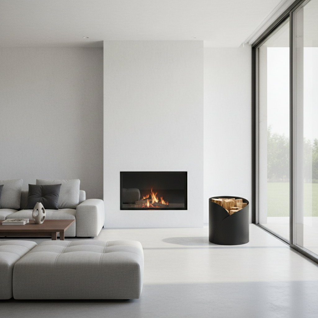 Swirl firewood holder in modern contemporary interior