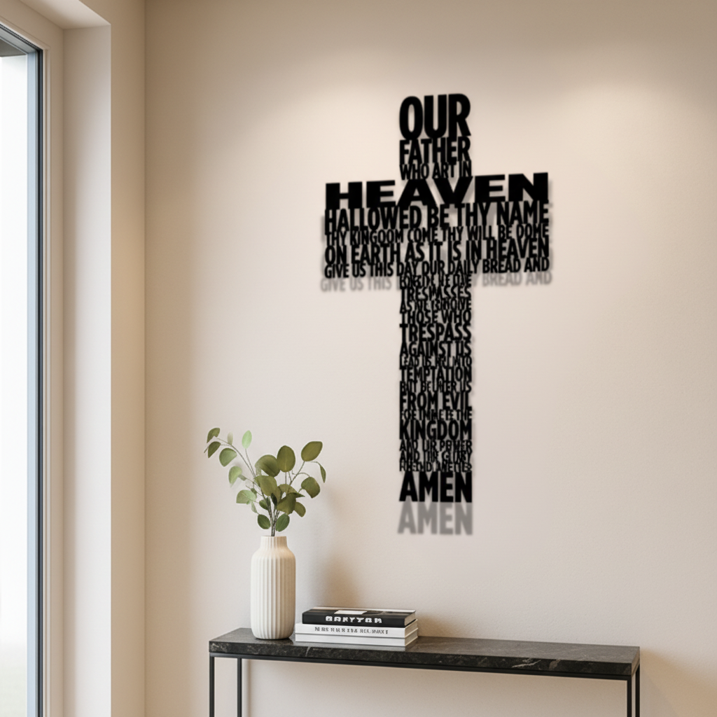 Lord's Prayer cross angled view on white grey wall showing prayer text detail