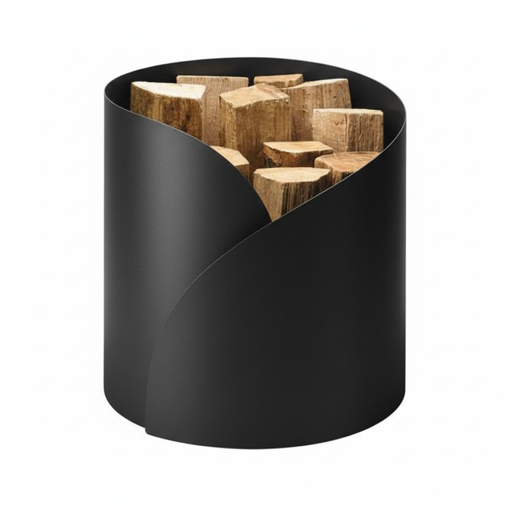 Swirl cylindrical firewood holder with curved opening and charcoal black finish