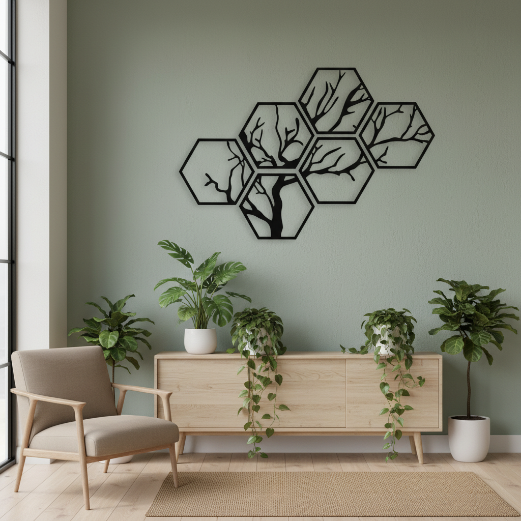Hexagon framed tree on sage green accent wall with plants in contemporary setting