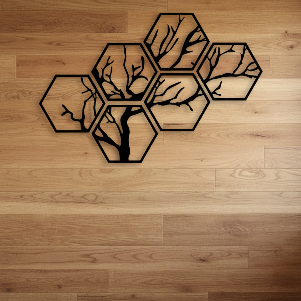 Hexagon framed tree metal art on natural wood panel background