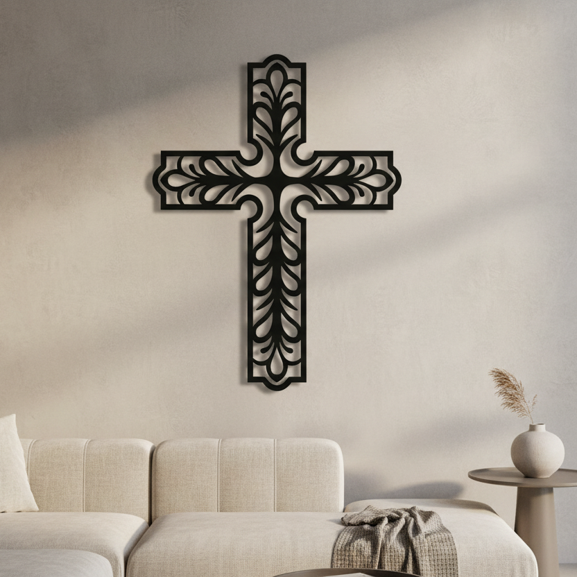 Matte Black Cross on Lounge Wall