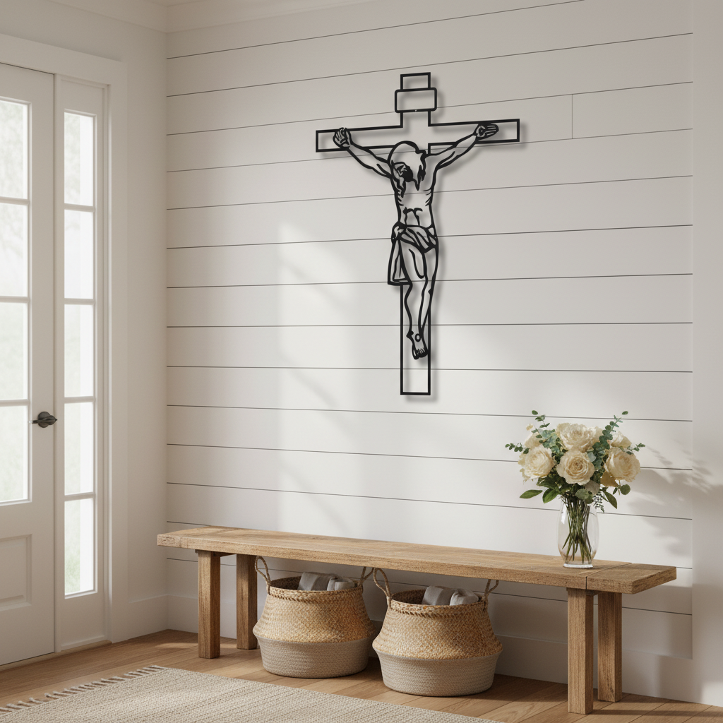 Modern farmhouse entrance with shiplap and rustic bench