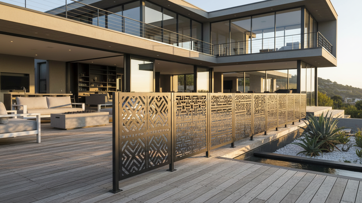 Square modular fencing with new geometric pattern at different modern home